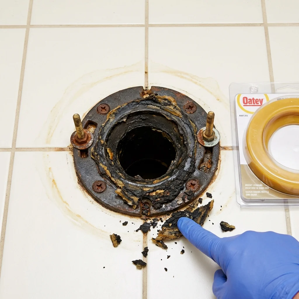 Failed wax ring showing water seepage at the base of a toilet in a Roanoke, AL home