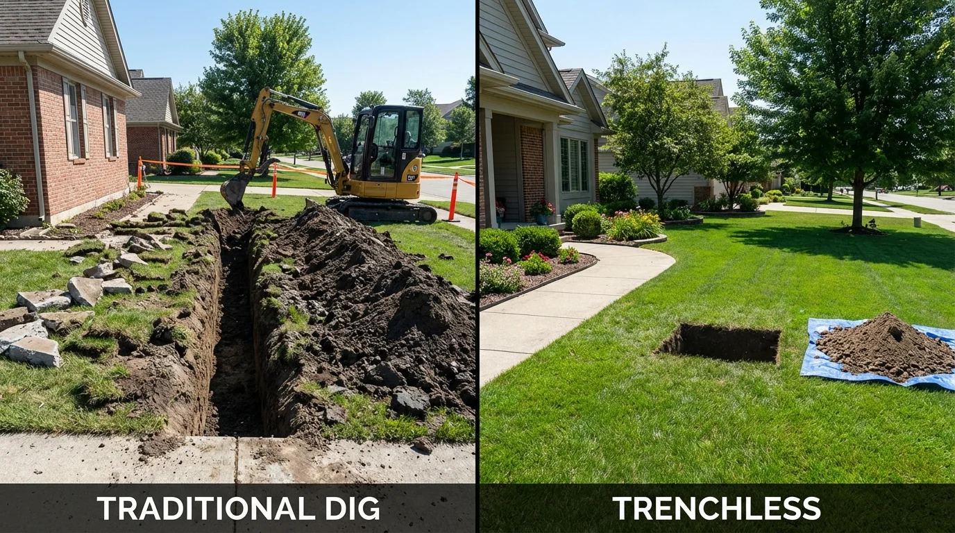 Trenchless sewer repair with minimal yard damage versus traditional excavation in Roanoke, AL