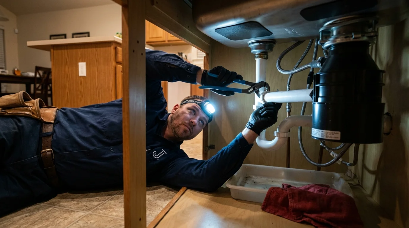 P-trap and supply line connections under a kitchen sink showing a common leak point in Roanoke, AL